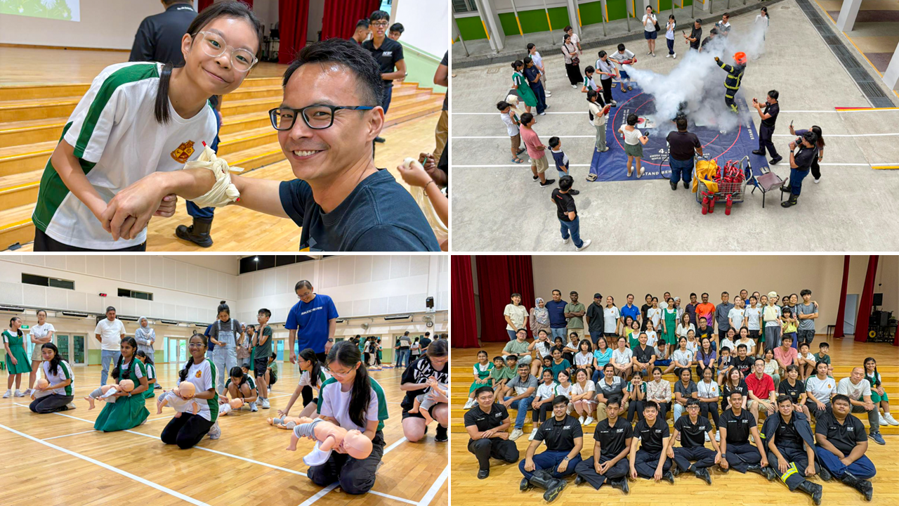 Four-panel collage of a school safety event showing CPR practice, fire extinguisher demo, and a large group photo.