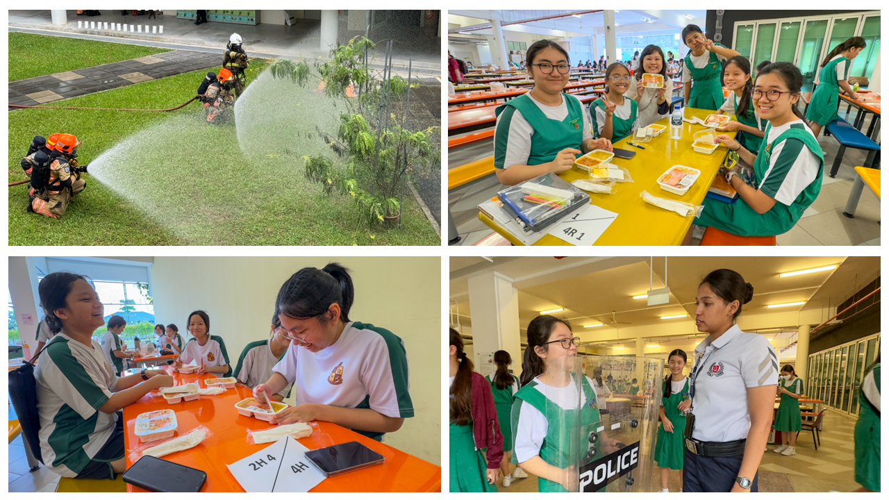 Four school scenes: firefighters spraying water, girls eating lunch, students at tables, and a police officer with students.