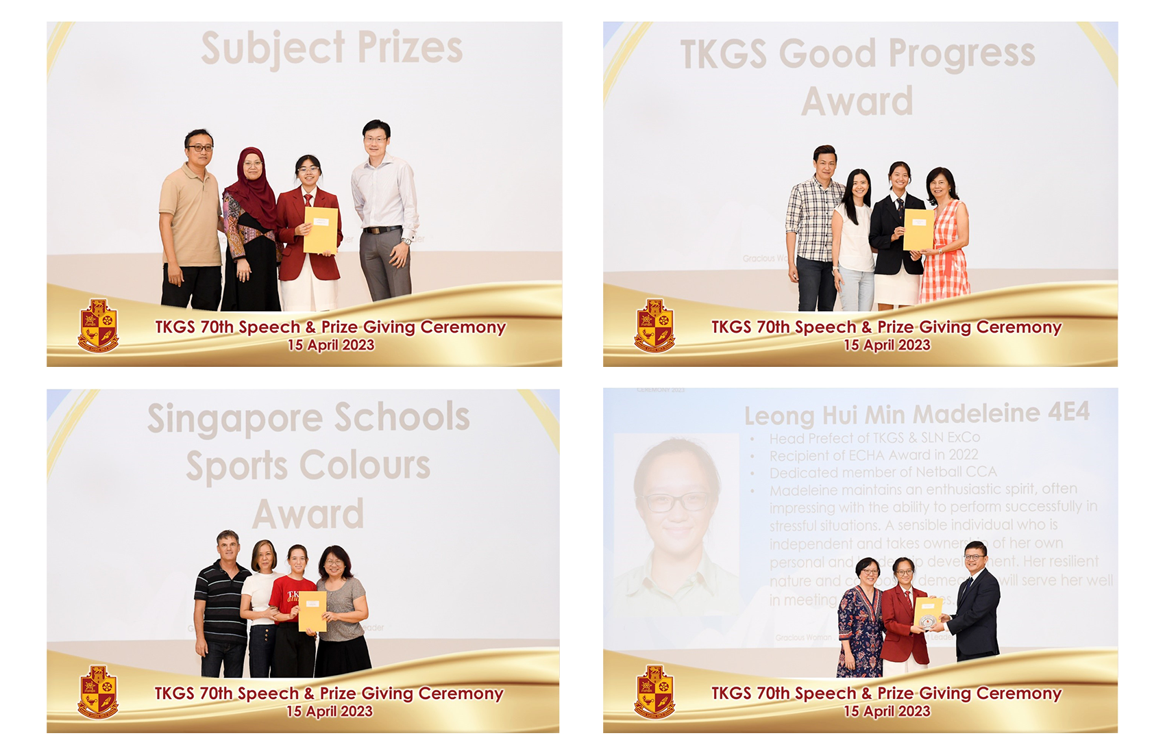 Four photos from TKGS 70th Speech and Prize Giving Ceremony on 15 April 2023 showing award recipients with adults.