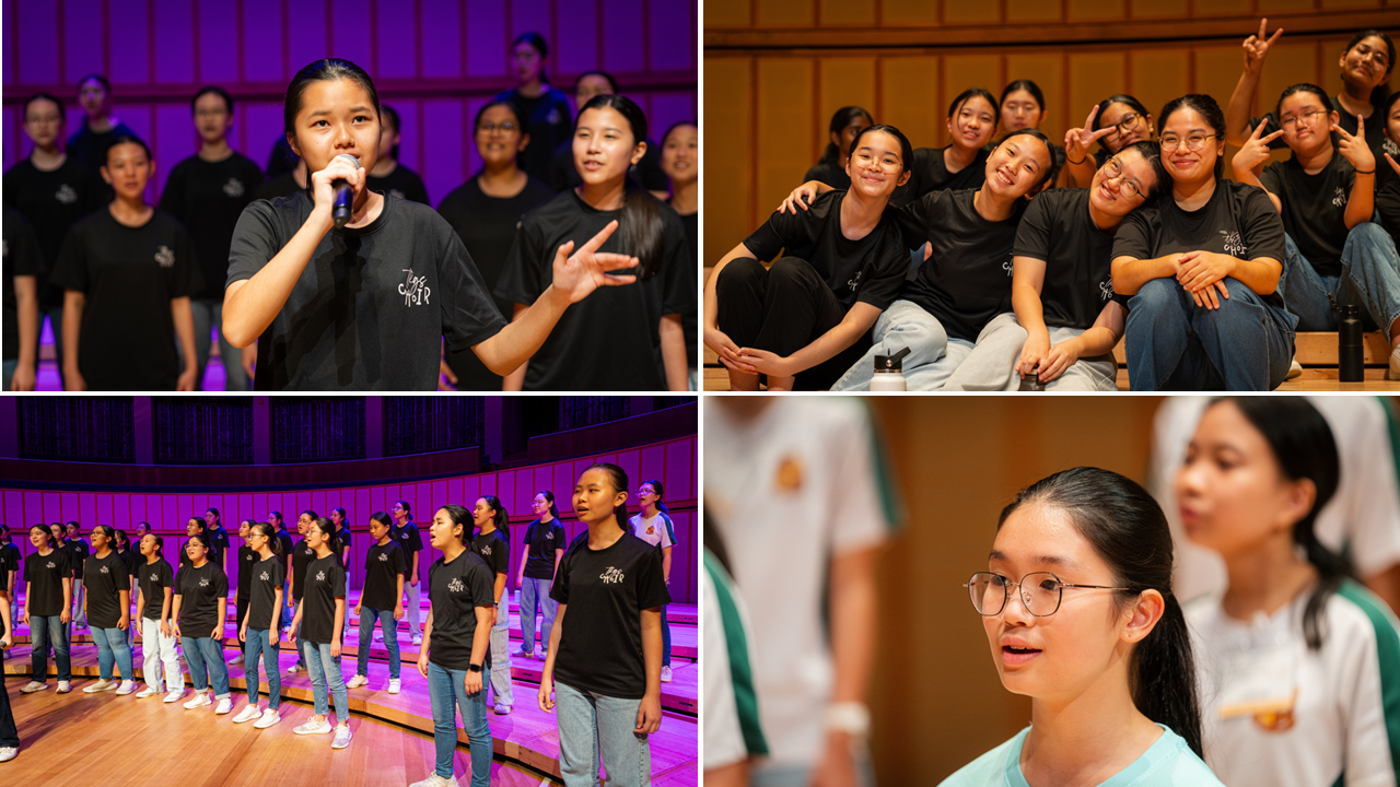Four photos of a youth choir in black shirts performing on a purple-lit stage and posing together smiling.