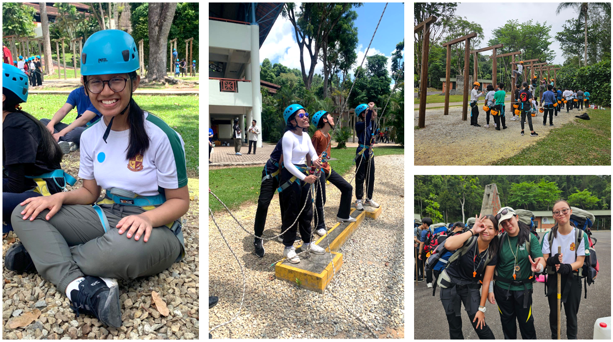 Students wearing helmets and harnesses participate in outdoor adventure activities including rope courses and hiking.