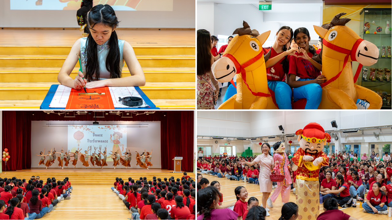 Four-panel collage of a Chinese New Year school event with calligraphy, dance performance, mascots, and students.
