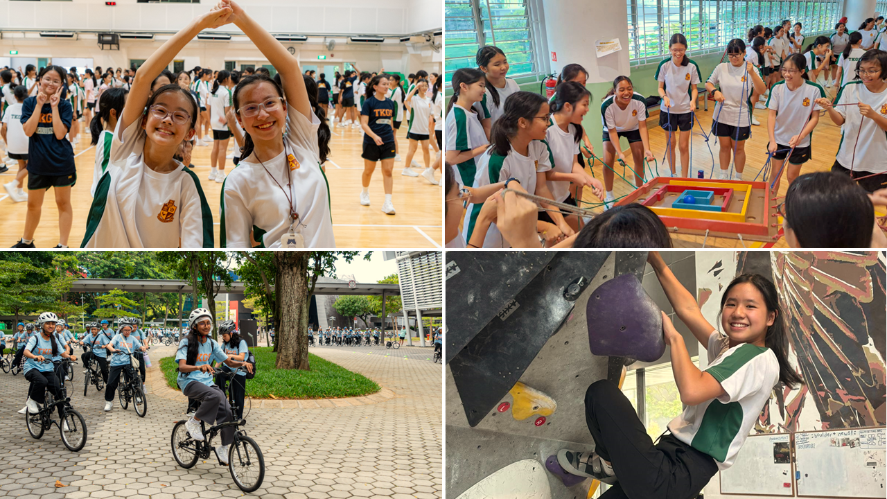 Four photos of school girls doing activities: dancing in a gym, a team challenge, cycling outdoors, and rock climbing indoors.