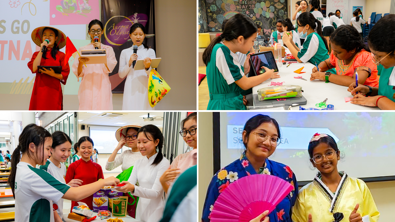 Students in traditional Asian costumes present, craft, share food, and pose at a multicultural school event.