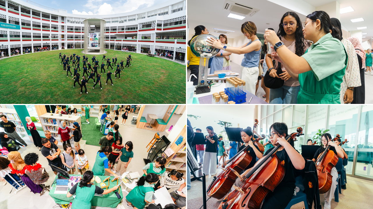 Four school scenes: outdoor group dance, science exhibit, library gathering, and students playing cellos indoors.