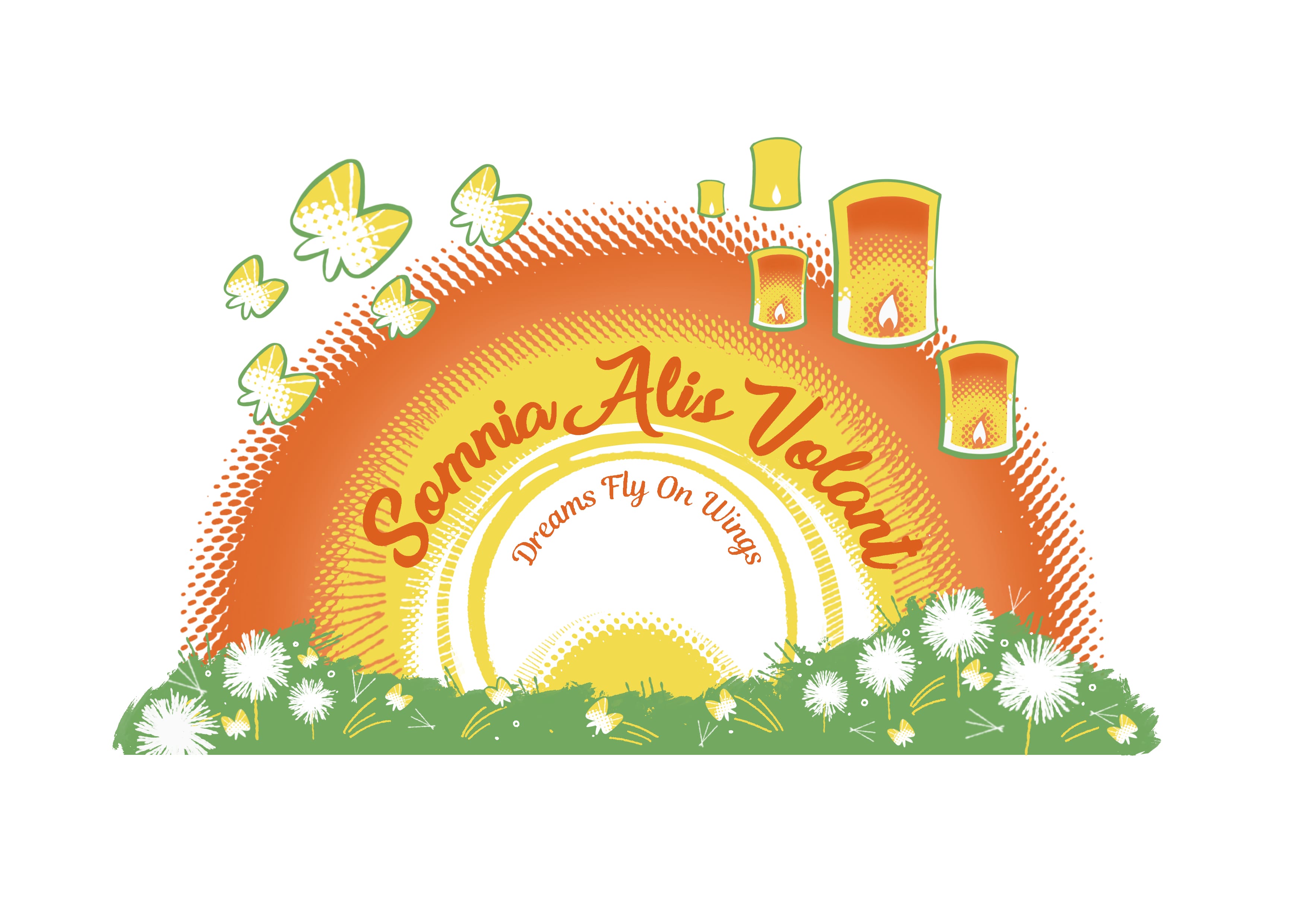 Orange and yellow rainbow arc with text Somnia Alis Volant, Dreams Fly On Wings, butterflies, lanterns, and dandelions.