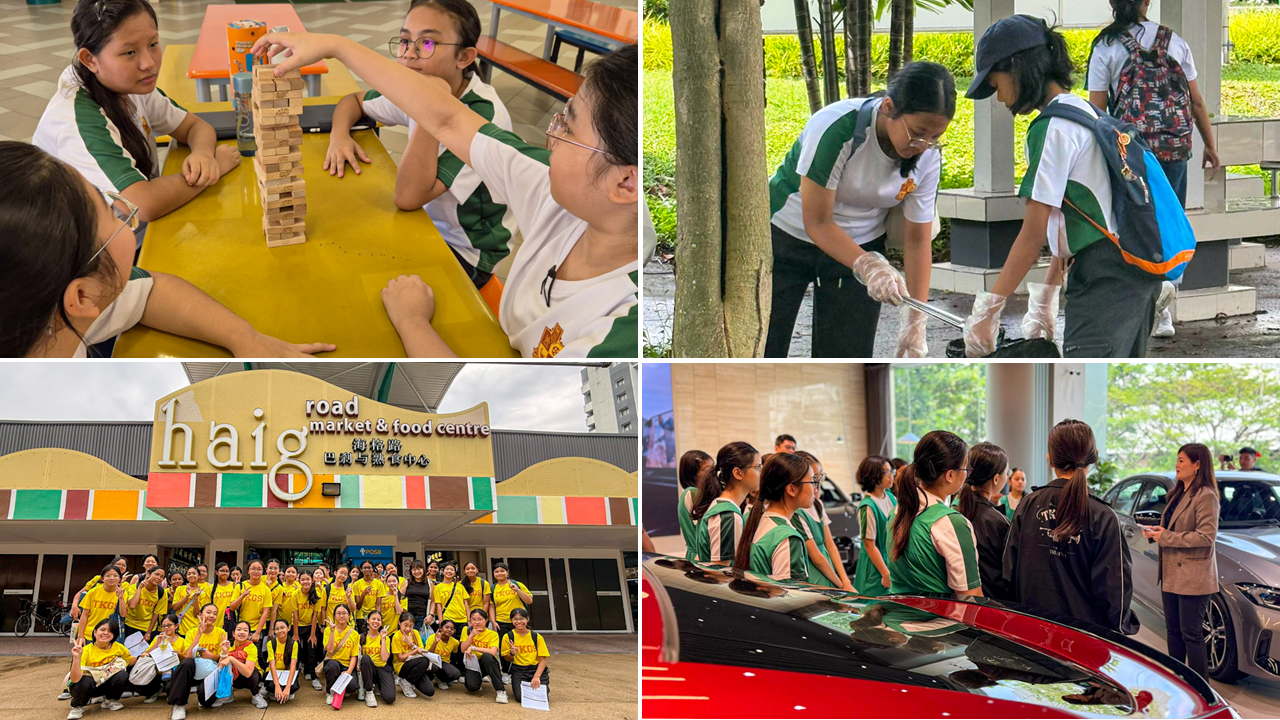 Picture depicts students engaging in meaningful activities. Top left shows students playing jinga blocks, Top right shows students serving the community by picking up litters. Bottom left shows students posing for group photo just outside hiag road market. Bottom right shows students visiting BMW for a career talk.