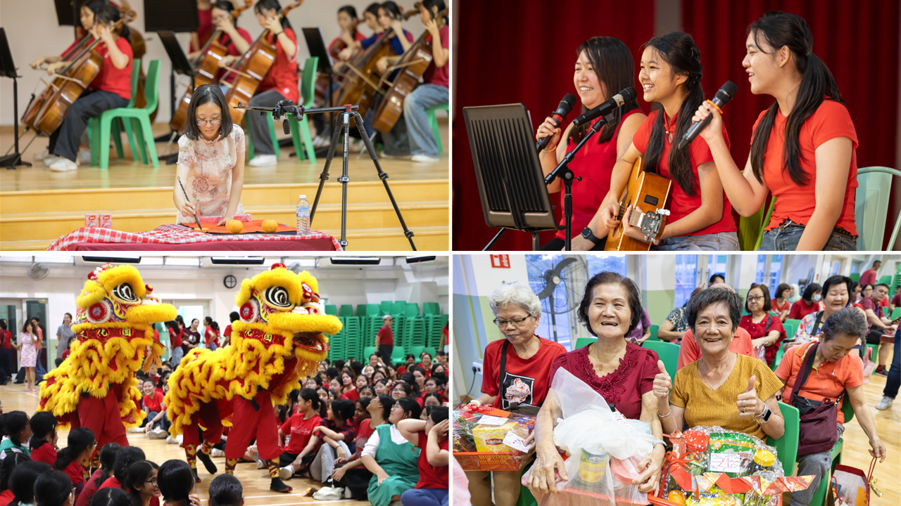 Four scenes of a Chinese New Year event: cello players, singers with guitar, lion dance, and elderly women with gift baskets.
