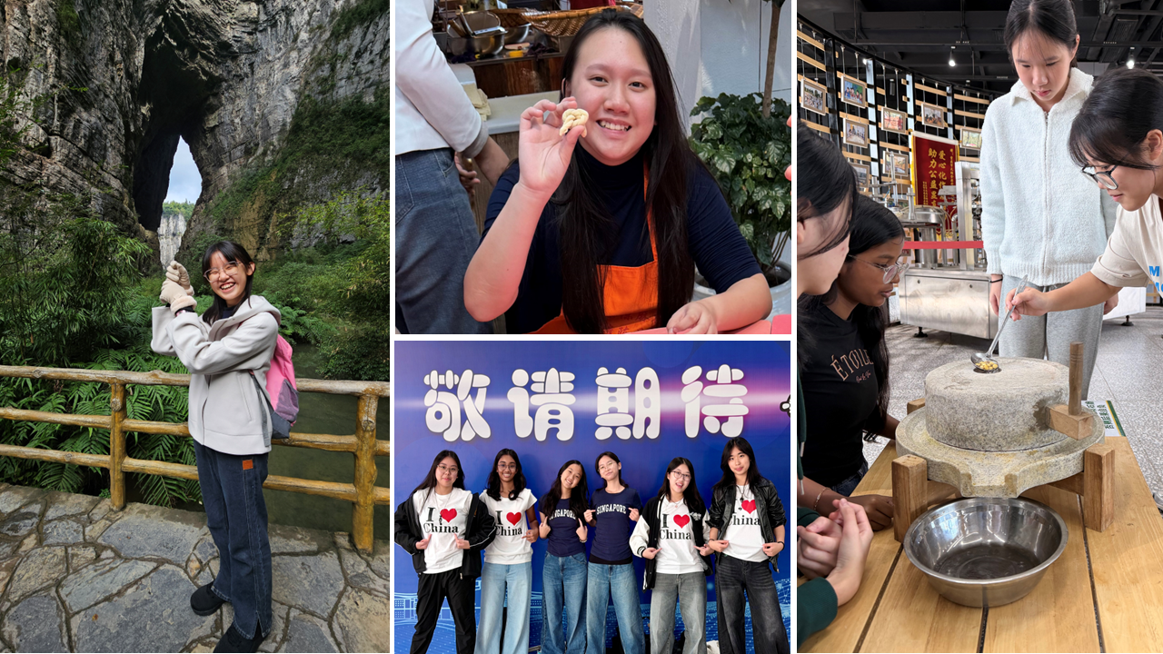 A collage of young women on a China trip, posing at scenic spots, wearing I Love China shirts, and using a stone grinder.