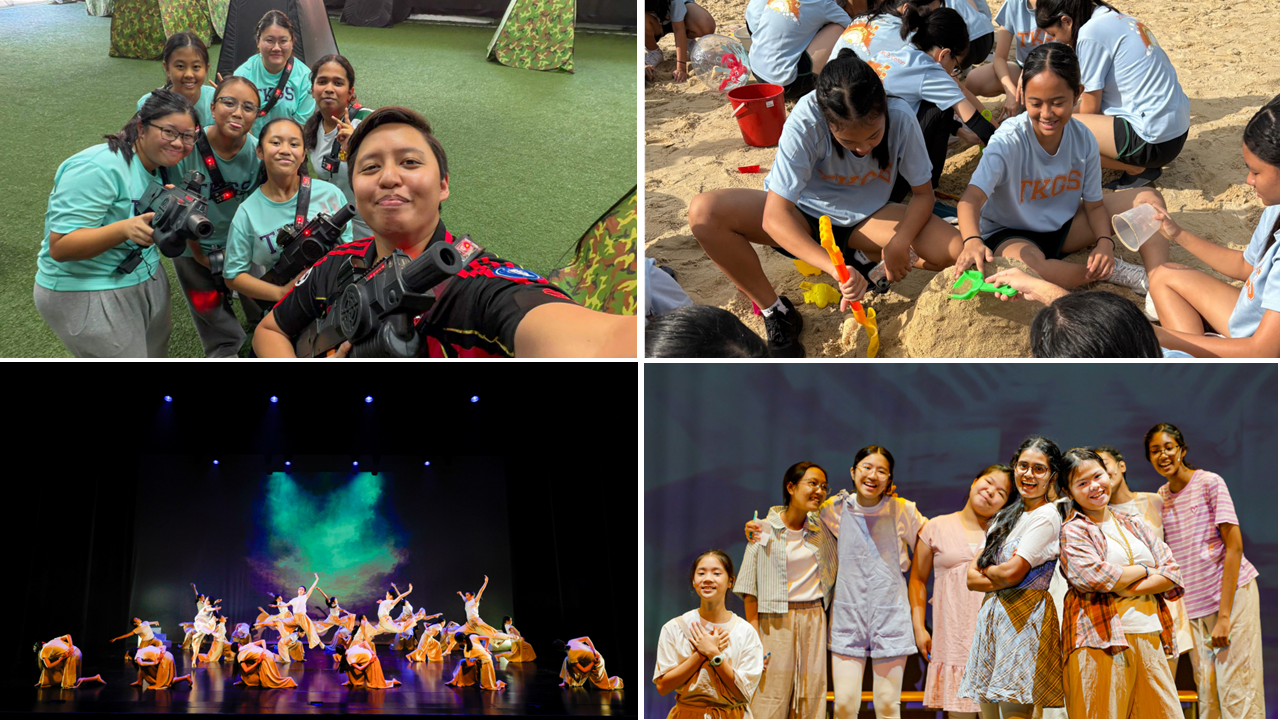 A collage photo. Top left shows students posing a photo with teacher while holding on to laser gun. Top right shows students bonding through sandcastle building. Bottom right shows a group of dancer performing. Bottom right shows students performing their skit.