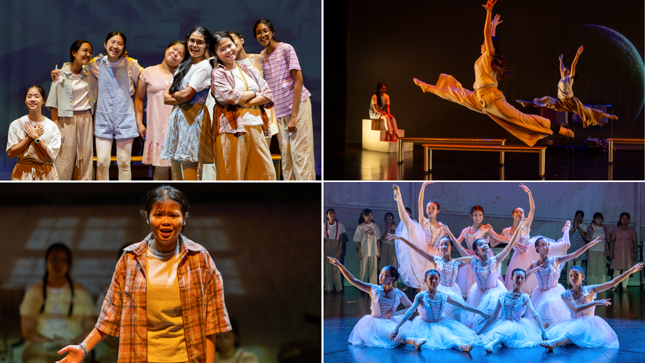 Collage of TKGS students acting and performing contemporary and ballet dance routines on stage.
