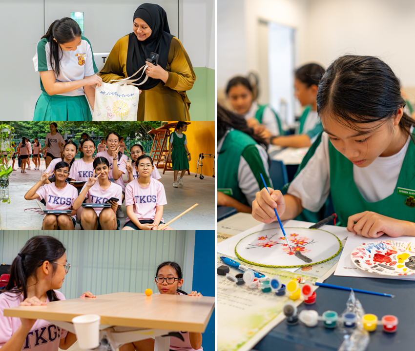 Students in green uniforms and TKGS shirts engage in painting, tote bag decorating, and group activities.