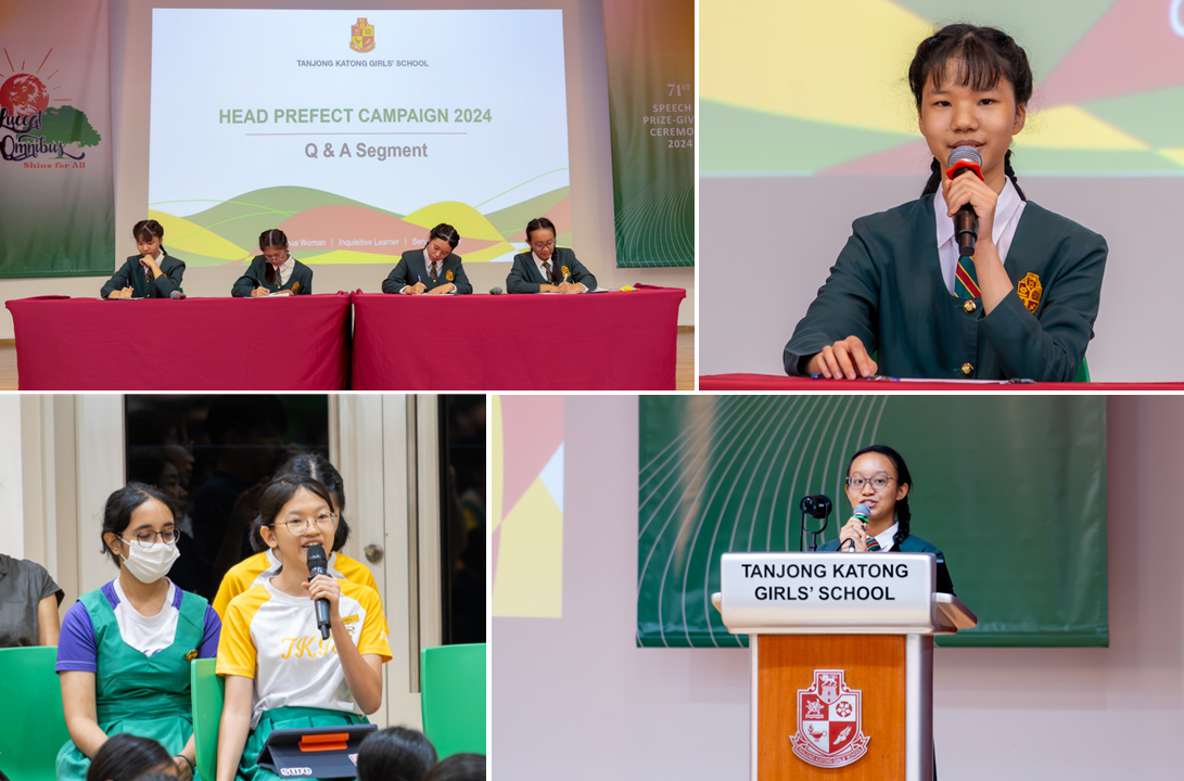 Four scenes from Tanjong Katong Girls School Head Prefect Campaign 2024 Q&A, showing students speaking at podiums.
