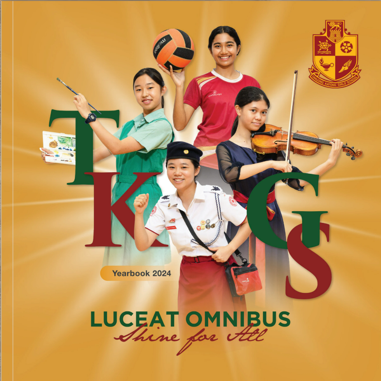 TKGS Yearbook 2024 cover showing four girls with a volleyball, violin, paintbrush, and scout uniform on gold background.