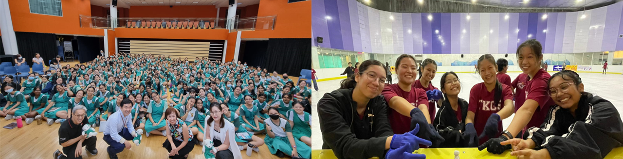 Large group of students in teal uniforms in a hall, beside a smaller group of girls smiling at an ice rink.