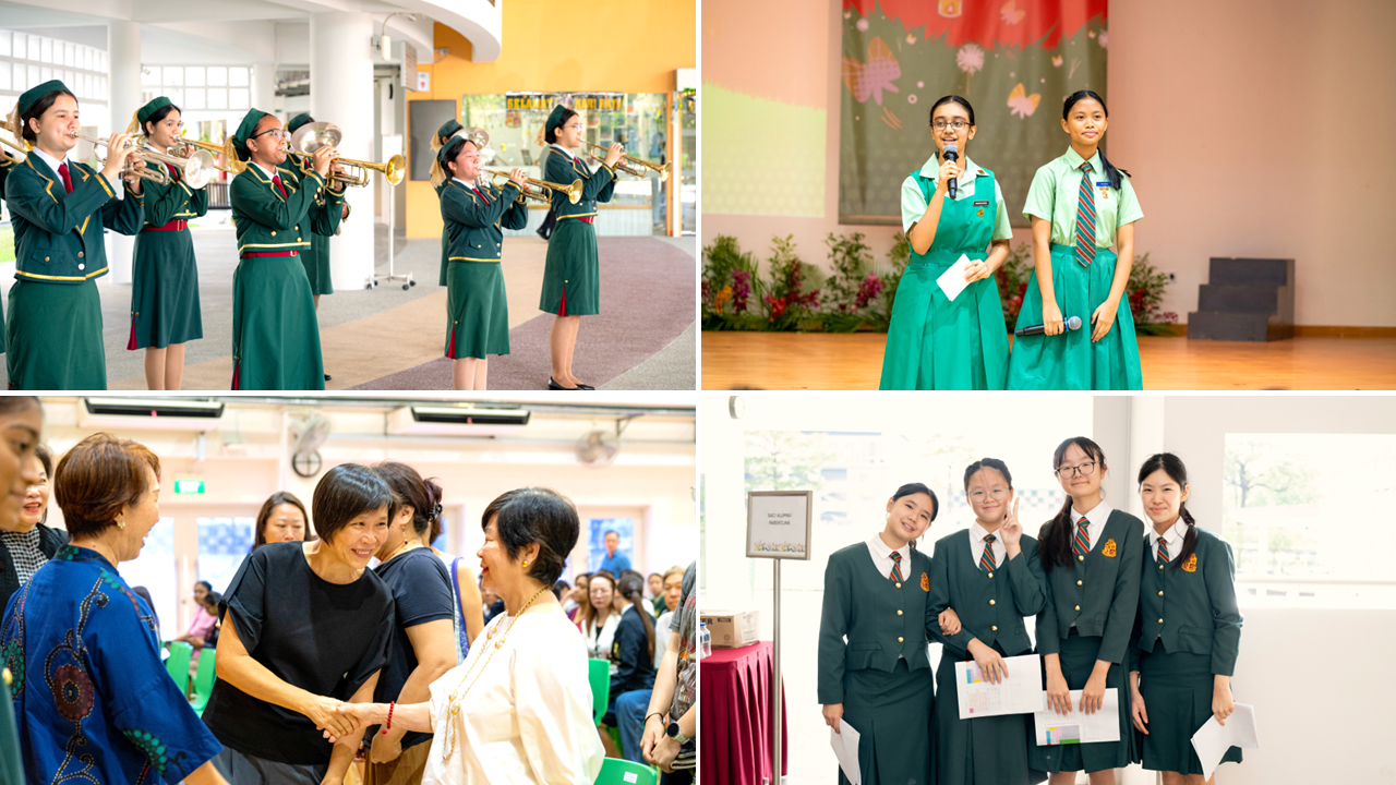 Four scenes of a school event: girls in uniform playing trumpets, two students hosting on stage, adults greeting, and four girls posing.