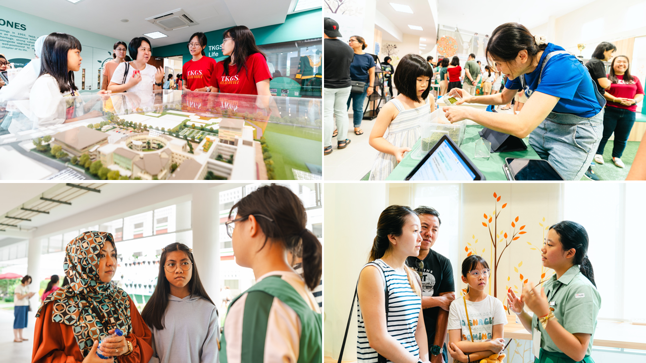 Four scenes of visitors at a school open house, with students and families engaging with displays and guides.