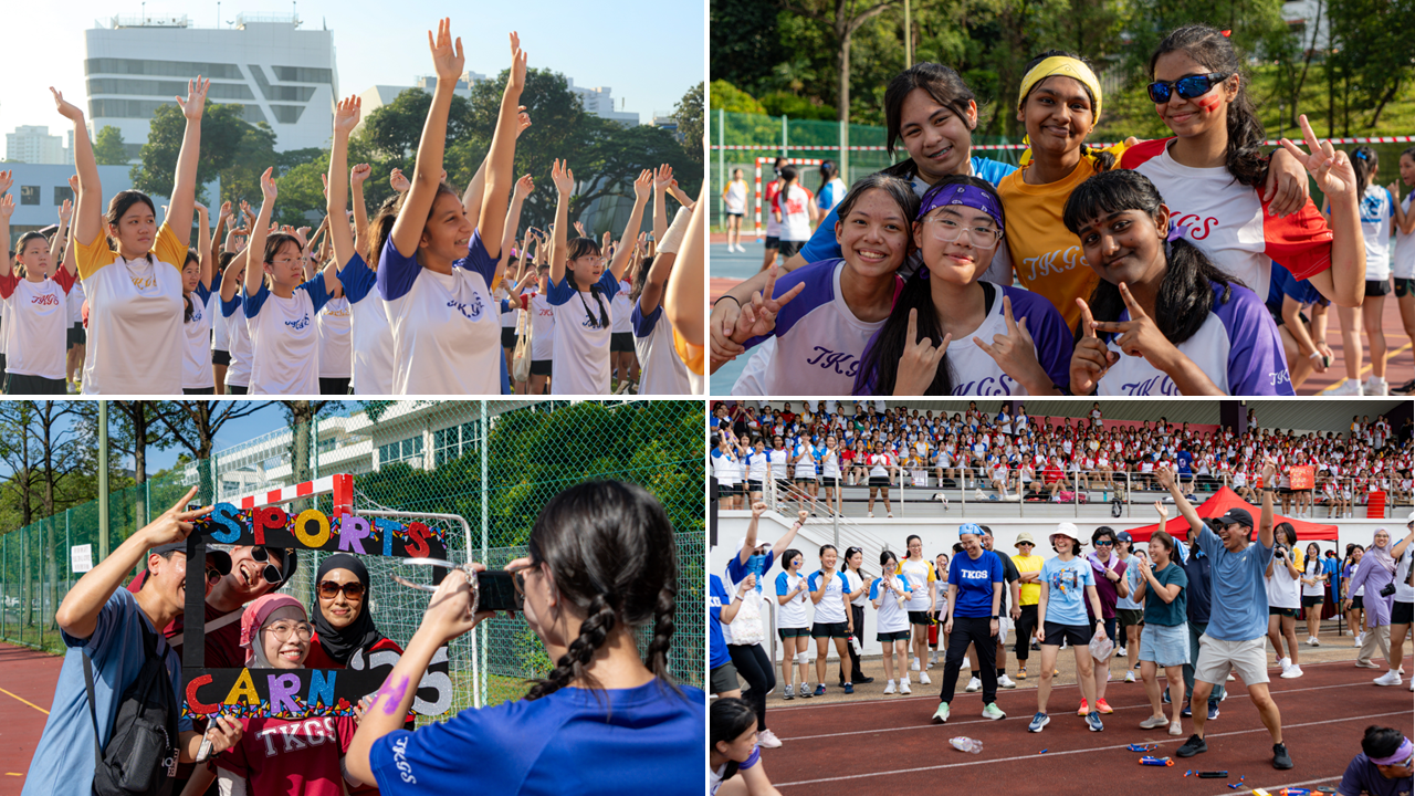 Four-panel collage of a TKGS school sports carnival with students cheering, posing, and celebrating on a track.
