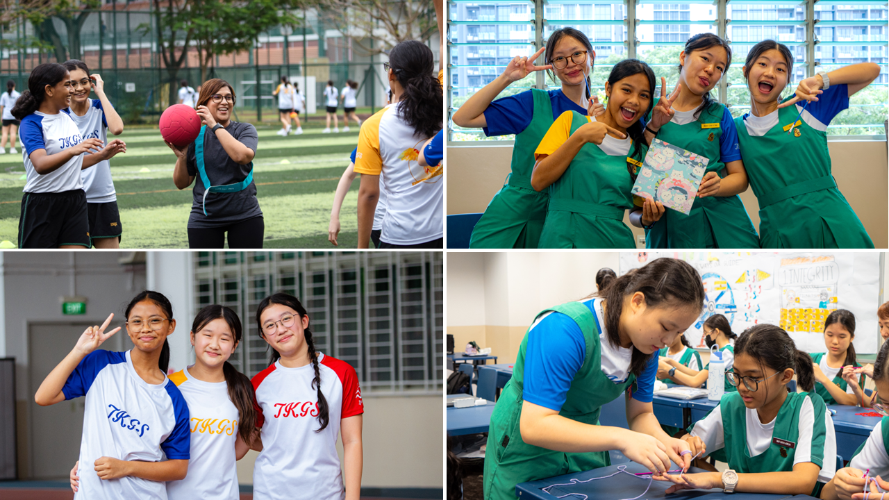 Four scenes of school girls in TKGS uniforms playing sports outdoors, posing, and working on a craft project in class.