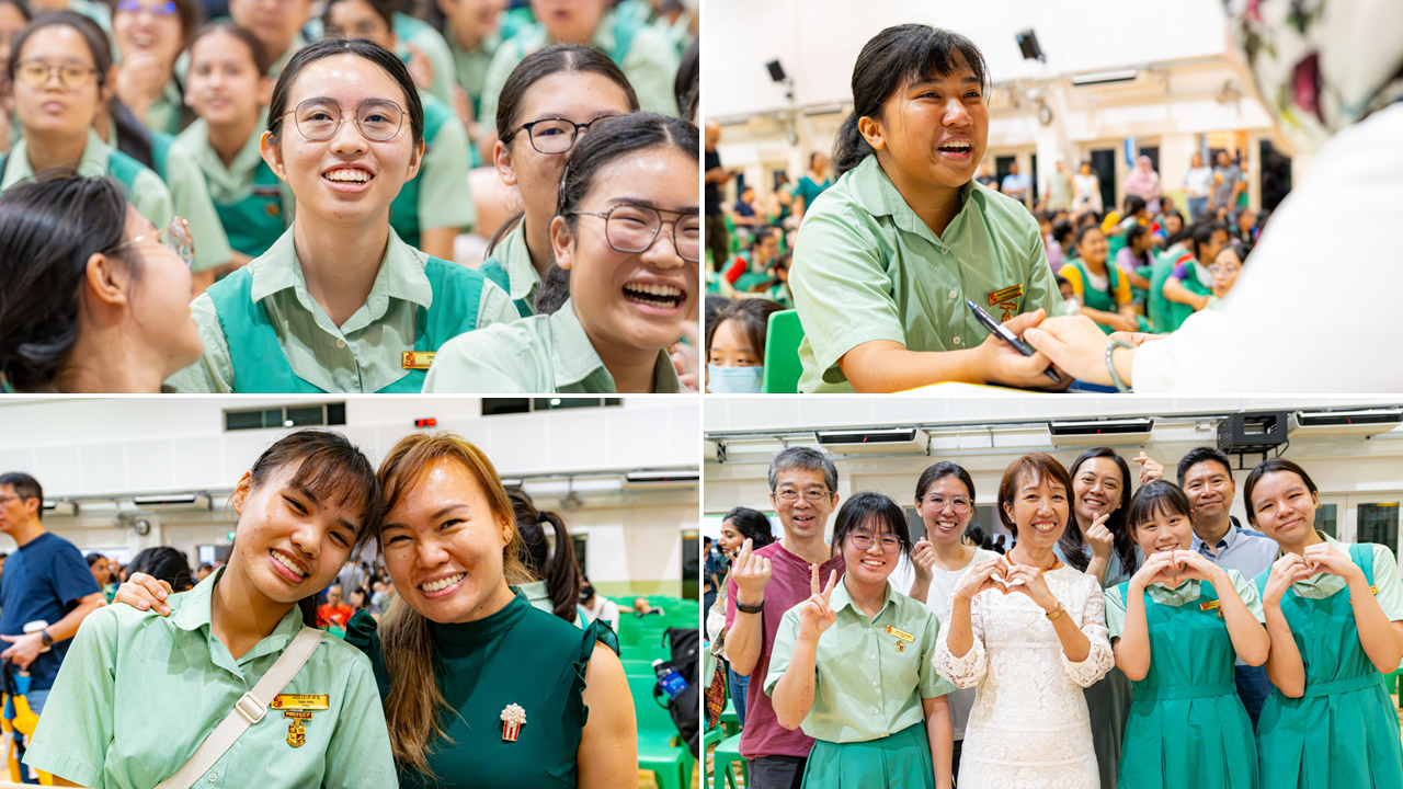 Four photos of smiling students in green uniforms at a school event, posing with teachers and making heart gestures.
