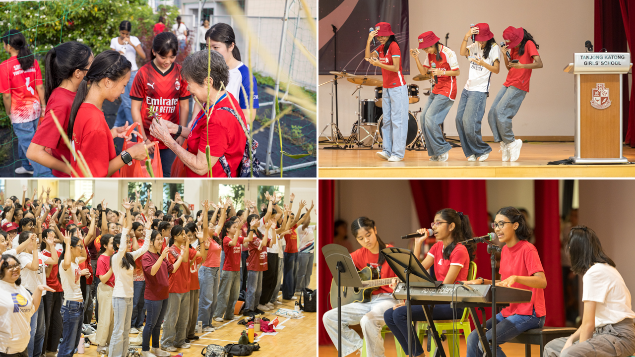 Four scenes of Tanjong Katong Girls' School students in red shirts dancing, performing music, and raising hands together.