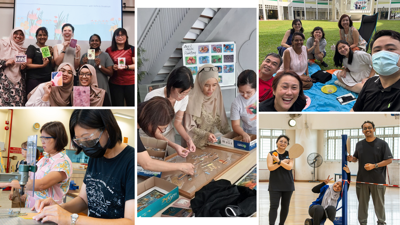 Collage of five photos showing diverse groups of people doing art, puzzles, woodwork, picnicking, and playing sports indoors.