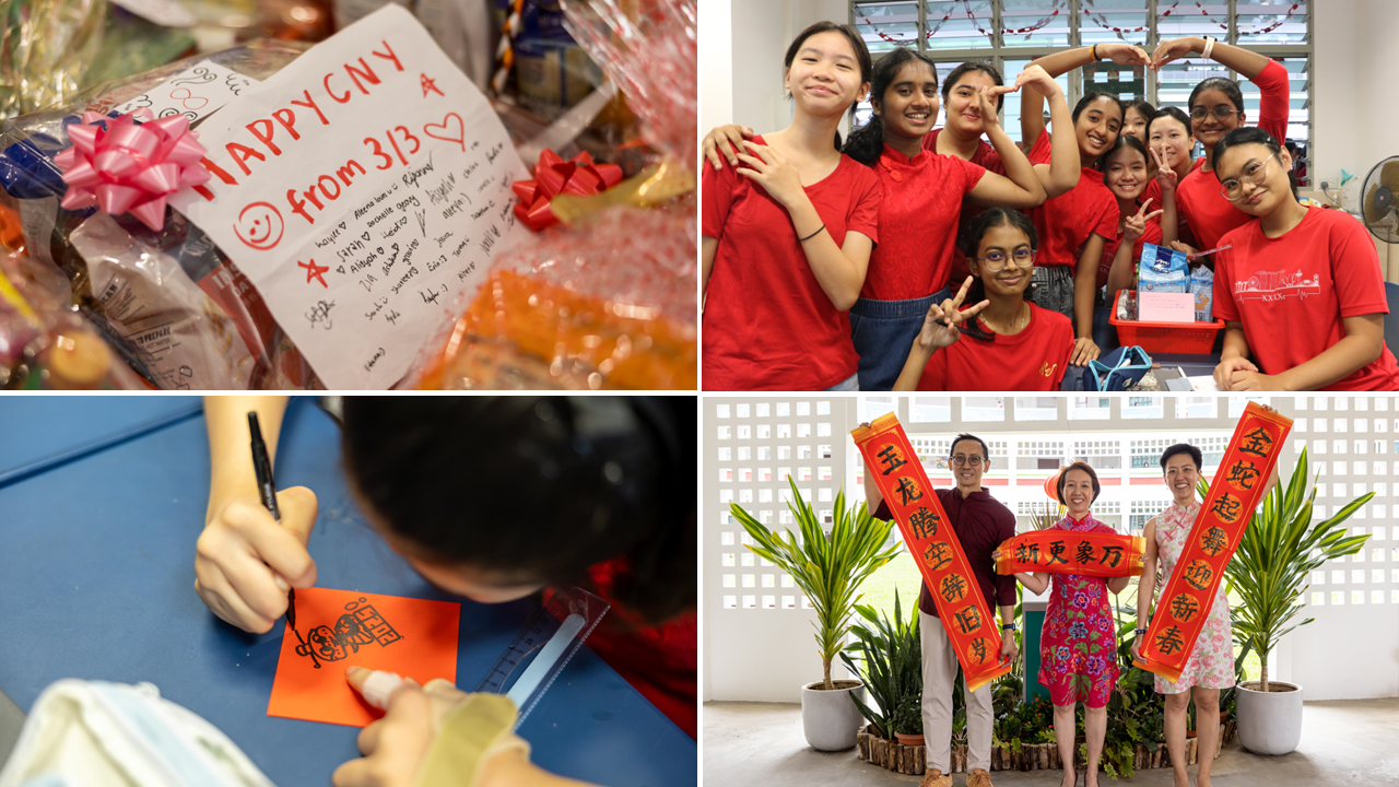Four scenes of Chinese New Year celebrations: gift basket, students in red posing, calligraphy writing, and adults holding red banners.