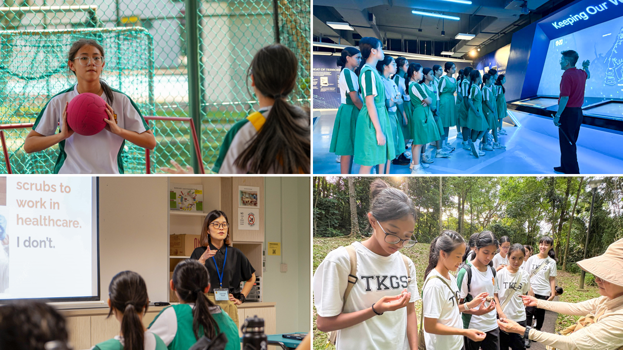 Four scenes of school girls in various activities: sports, museum visit, healthcare talk, and outdoor nature learning.