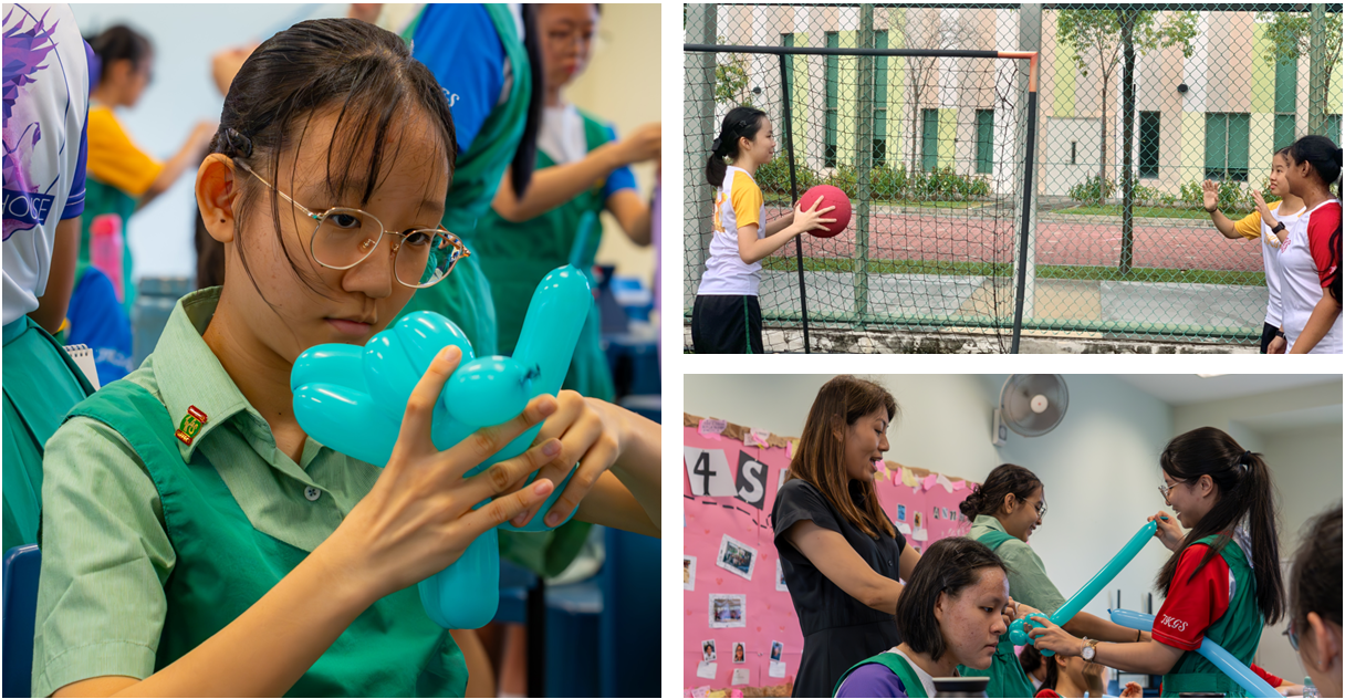 Three scenes of school girls making balloon animals indoors and playing with a red ball on an outdoor court.