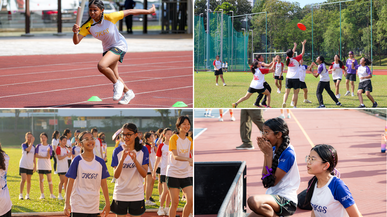 Four scenes of girls in TKGS uniforms doing sports: relay race, frisbee, group activity, and cheering trackside.
