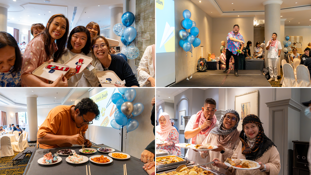 Four-panel collage of a festive indoor event with people smiling, playing games, and serving food near blue balloons.
