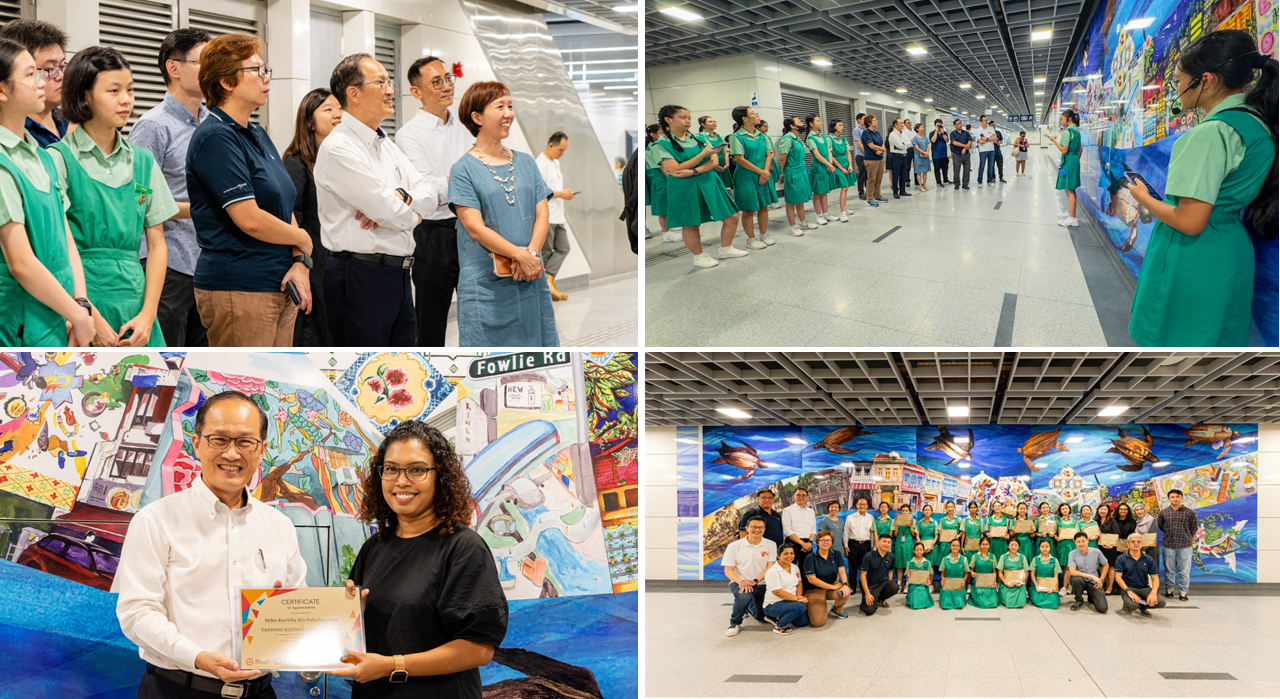 Four photos of a group in green uniforms viewing and posing before colorful murals in a subway station.