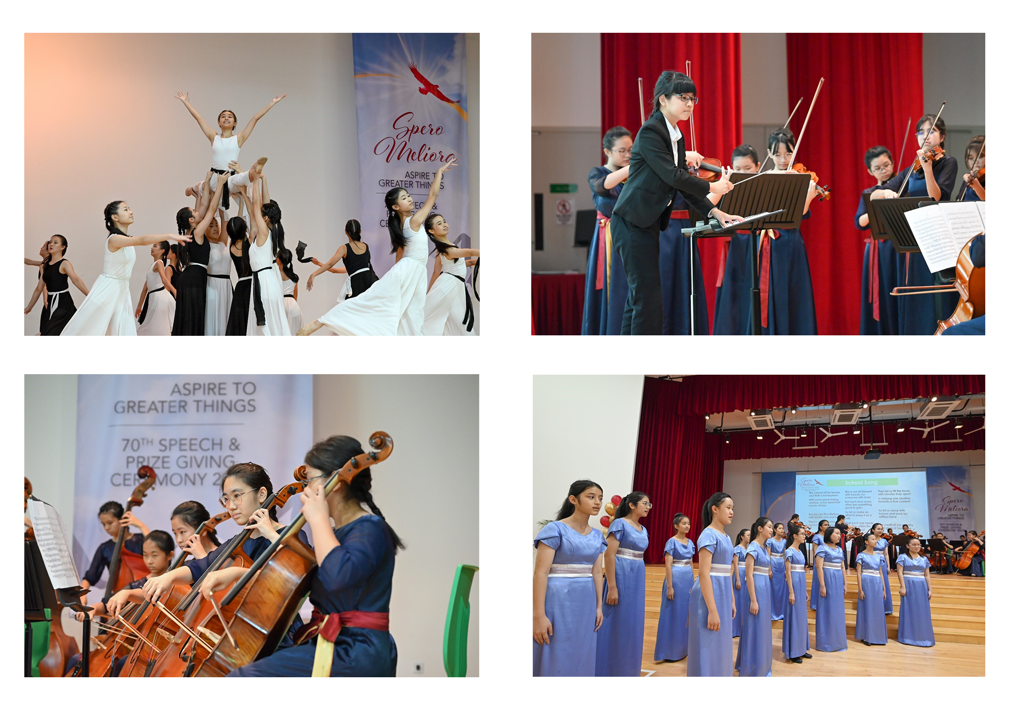 Four scenes from a school ceremony: dancers in white and black, student violinists, cellists, and a choir in blue gowns.