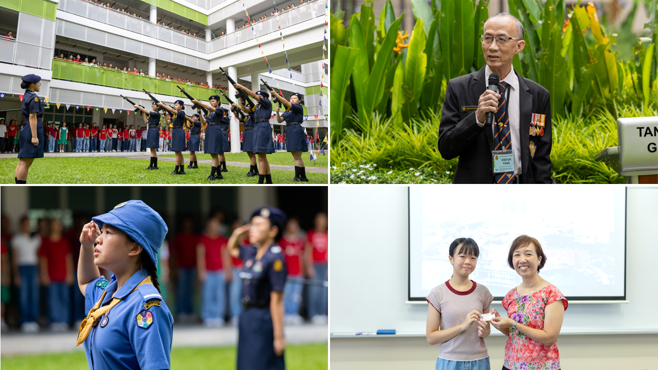Collage of TKGS National Day activities, featuring a uniformed group ceremony, a veteran speaking, a Girl Guide saluting and a student receiving an award.
