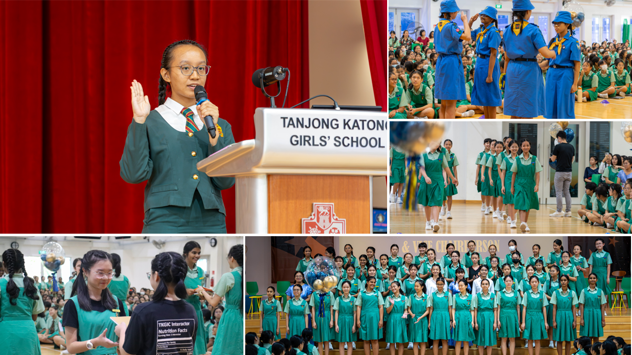 Collage of Tanjong Katong Girls' School events showing students in green uniforms, a speaker at podium, and scouts in blue.