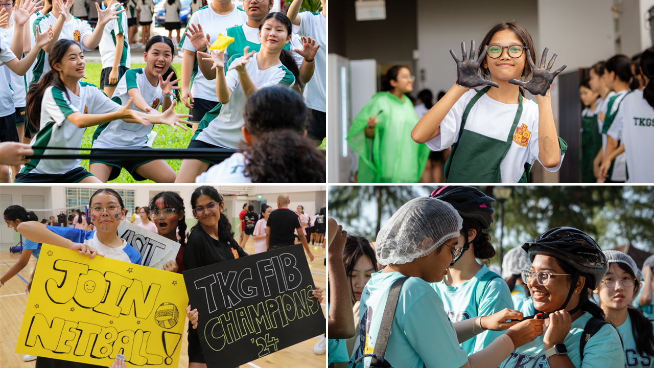 Four school activity scenes: students playing outdoors, a girl with muddy hands, students holding signs, and girls with helmets.