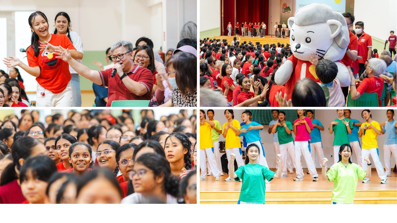 Four-panel collage of a school event with students dancing, a mascot, a large crowd, and colorful performances on stage.