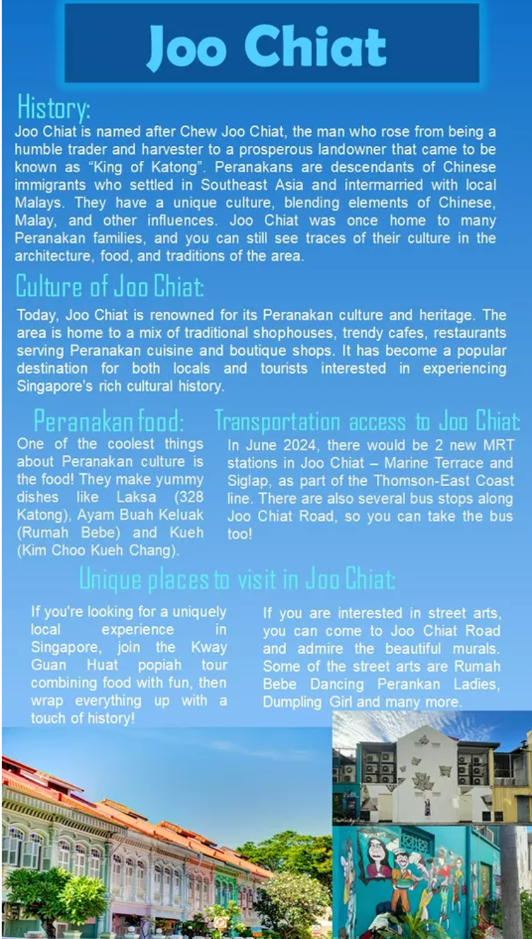 Informational flyer about Joo Chiat covering its history, Peranakan culture, food, transport, and places to visit.