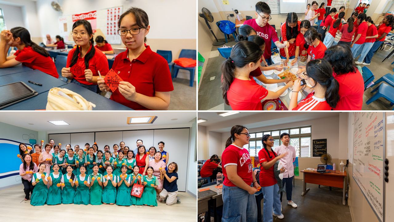 Four scenes of students in red or green uniforms celebrating Chinese New Year with red envelopes, food, and oranges.