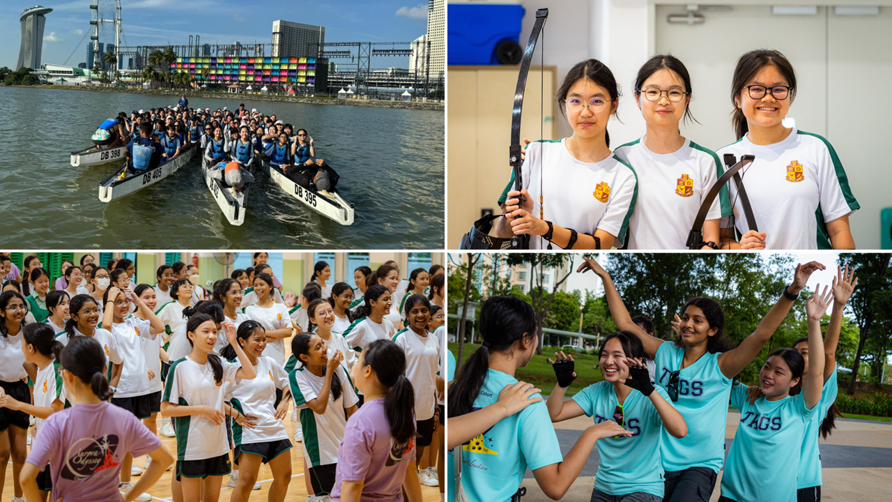 Four-panel collage showing students dragon boating, doing archery, playing in a gym, and celebrating outdoors.
