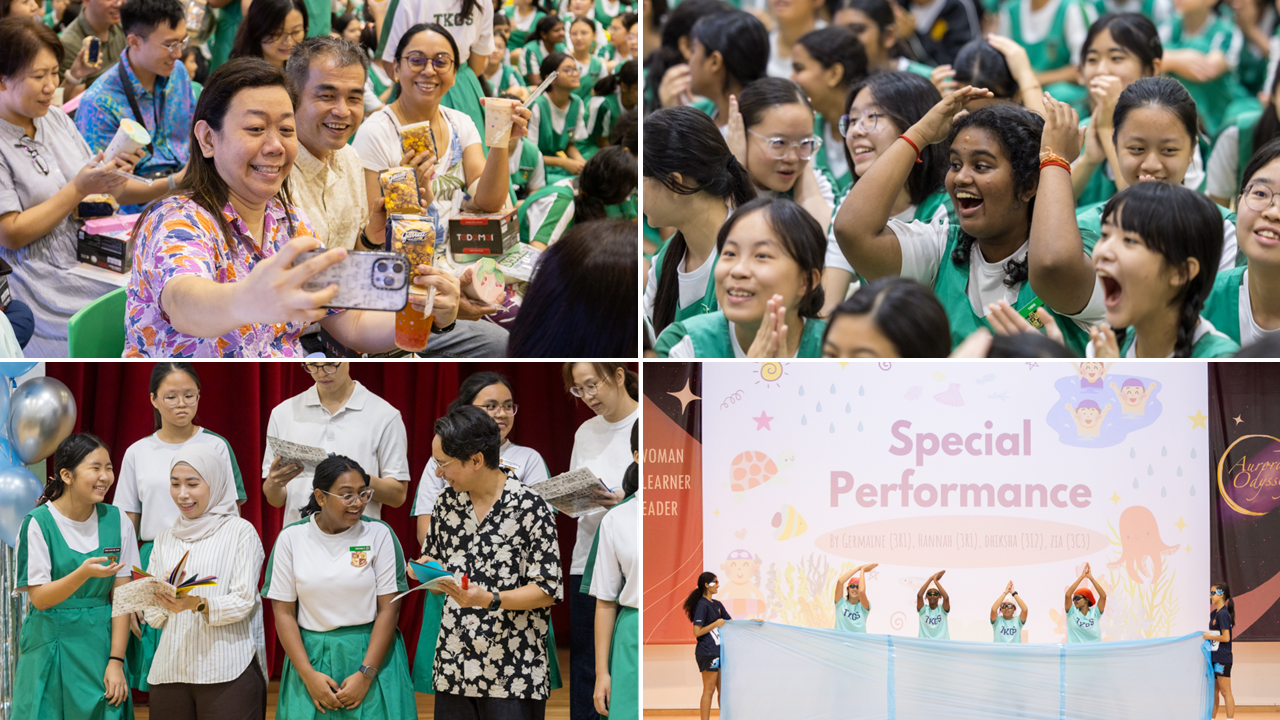 Four-panel collage of a school event showing students in green uniforms cheering, taking selfies, and performing on stage.