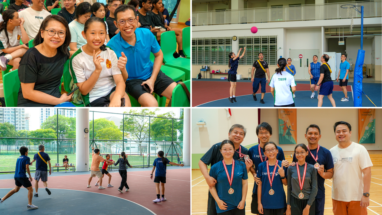 Four-panel collage showing families at a sports event: spectators, netball, outdoor play, and medal winners posing indoors.