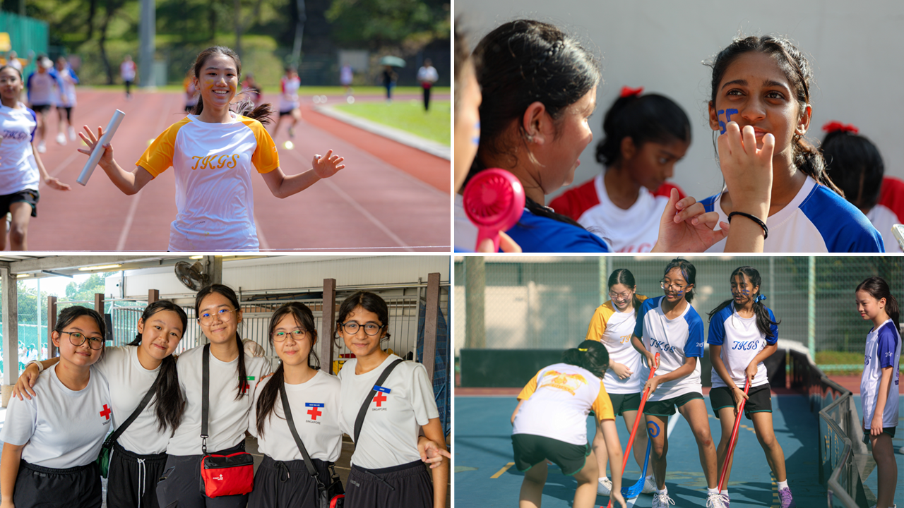 Four scenes of school girls at a sports event: relay race, face paint, Red Cross volunteers posing, and floor hockey.