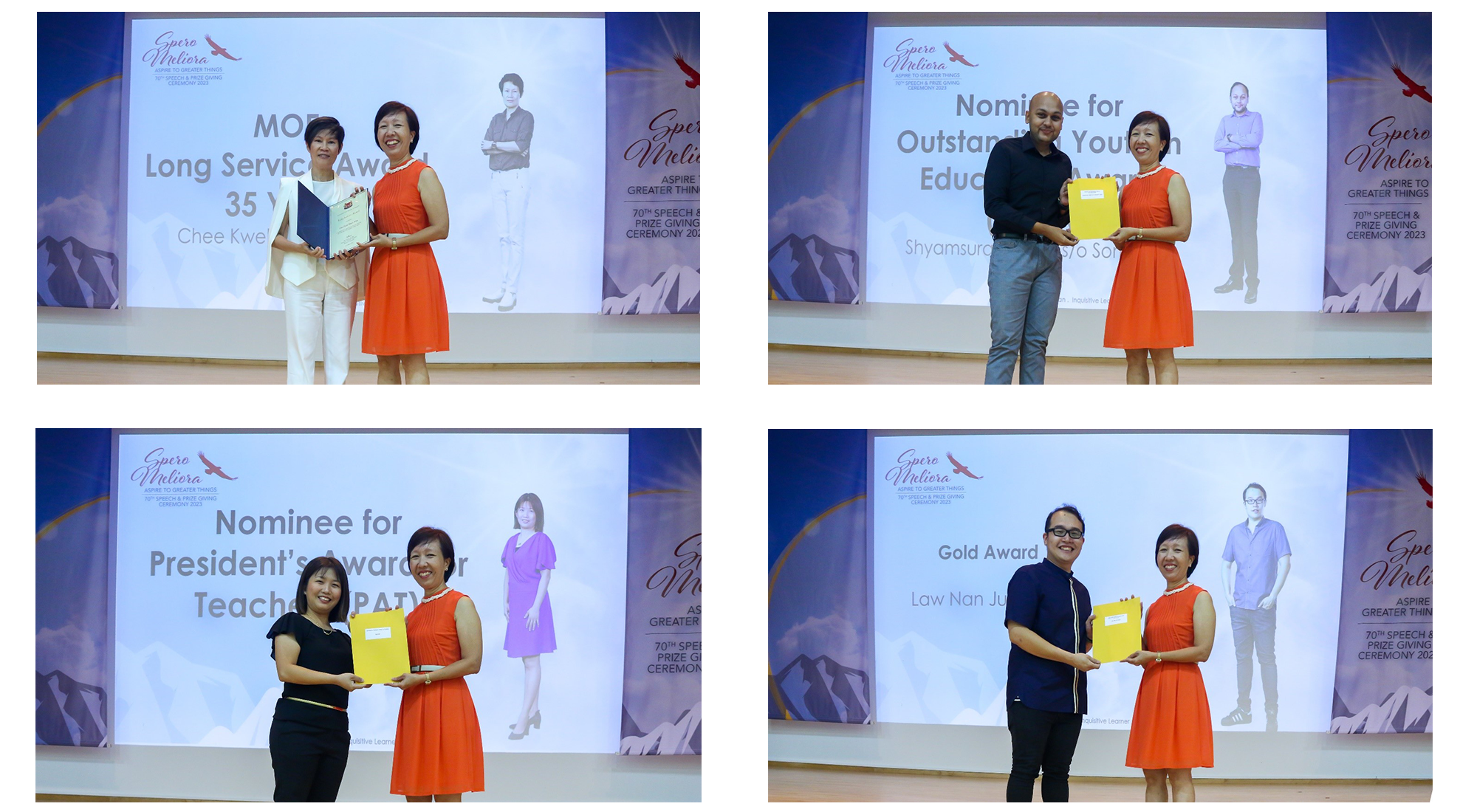 Four award ceremony photos showing pairs of people holding certificates on stage before a Spero Meliora banner.