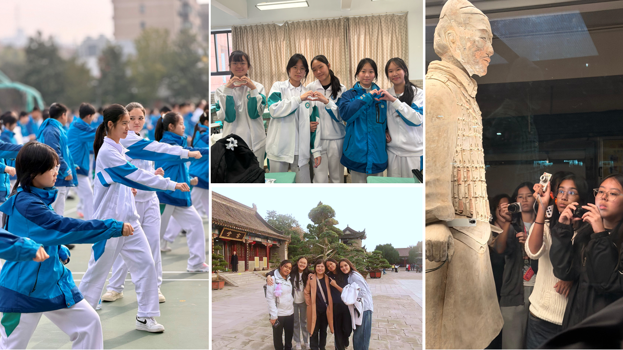 Four photos show students doing tai chi, posing indoors, at a Chinese temple, and photographing a terracotta warrior statue.