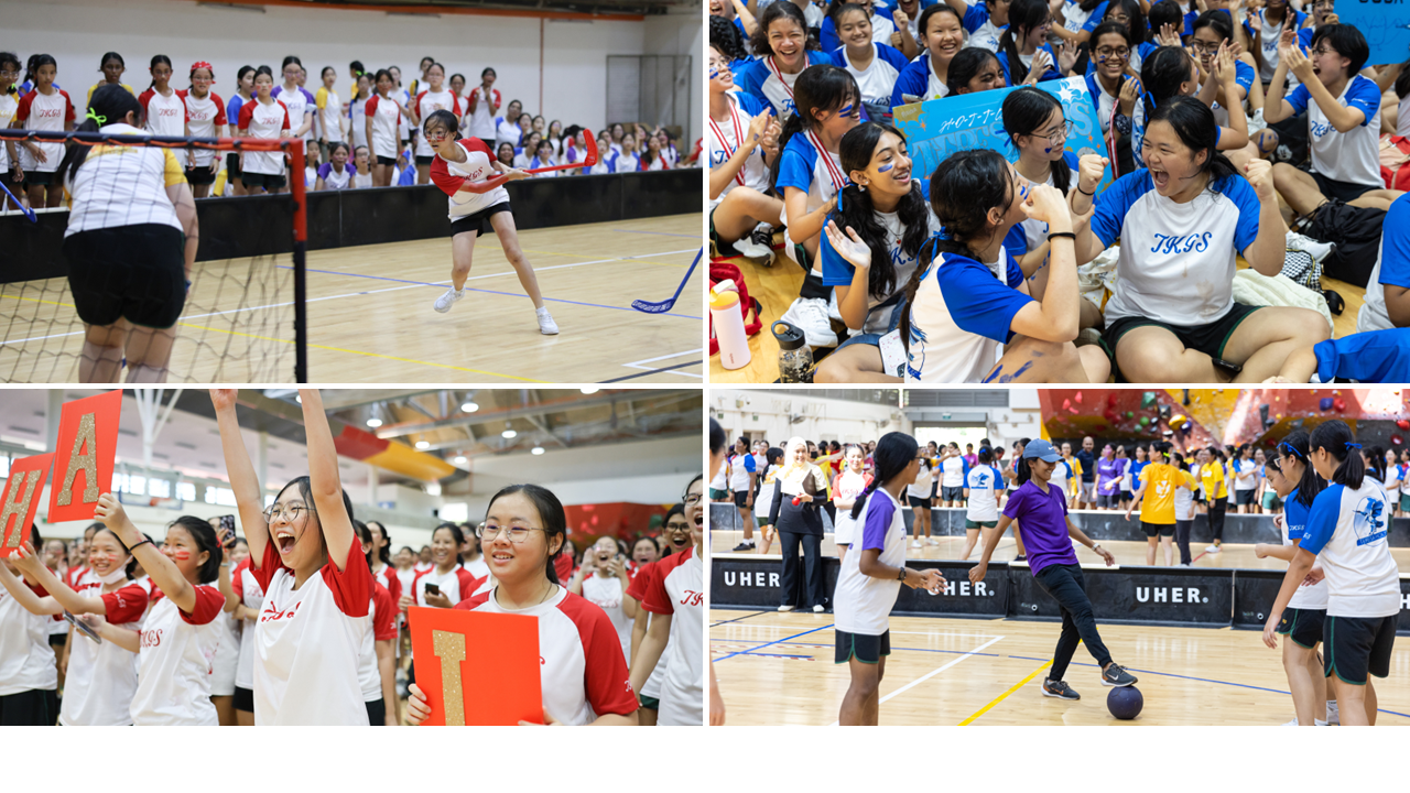 Four-panel collage of school girls in red and blue uniforms playing badminton, soccer, and cheering at a sports event.