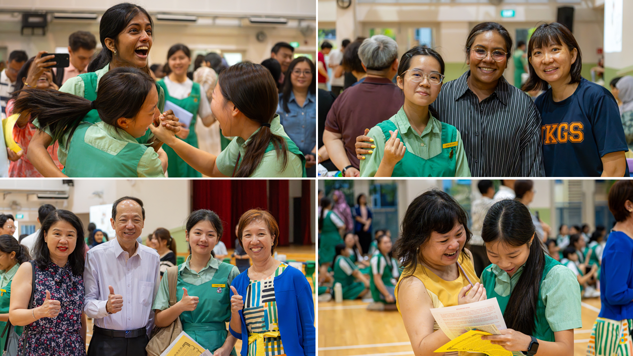 Four photos of students in green uniforms celebrating with teachers and family in a school hall.
