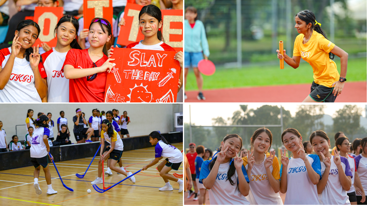 Collage of TKGS students enjoying the Sports Carnival through house cheering, relay running, floorball and posing with friends.