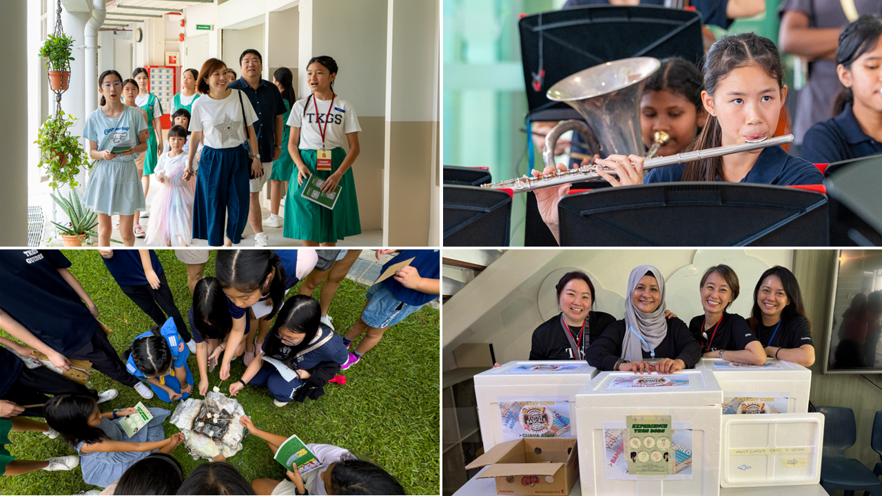 Four scenes of a school open day: tour group, girl playing flute, children on grass, and staff with boxes.