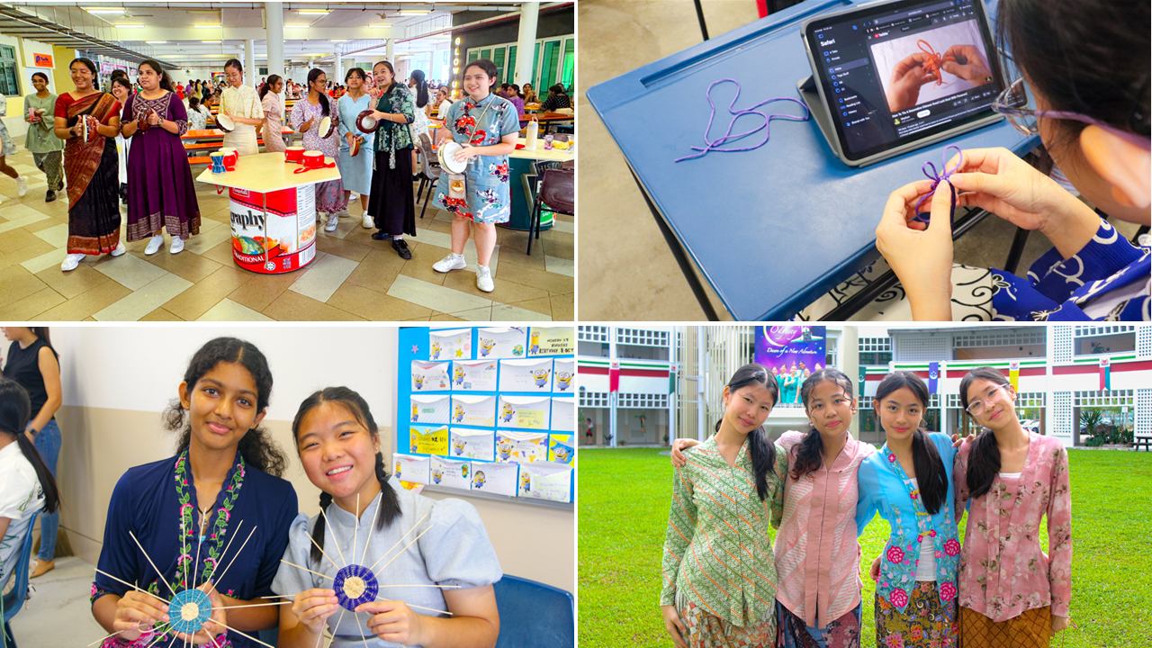 Four photos show students in traditional attire dancing, doing crafts, and posing together at a school cultural event.